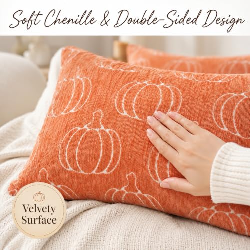 Image of Fall Pumpkin Lumbar Pillow Covers, Autumn Decor (Orange,12x20) | Jacquard chenille texture, double-sided reversible design, hidden zipper, for couch, sofa, bed, farmhouse autumn decor