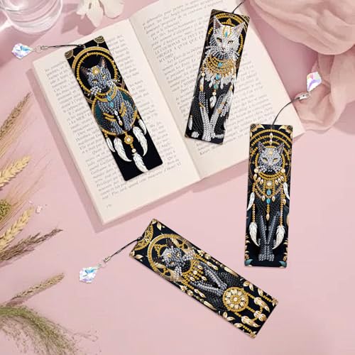 Image of 4-Piece Dreamcatcher Cat Diamond Painting Bookmarks Set for Adults - DIY 5D Rhinestone Art Bookmark Kits with Tassels, Beautiful Diamond Art Bookmarks for Crafts and Gifts