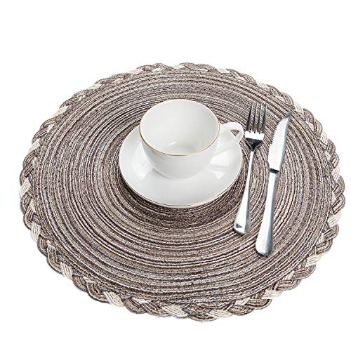 Image of SHACOS Round Placemats Set of 4 Braided Glitter Round Table Placemats 15 inch for Wedding Holiday Party (Multicolor-Light Coffee, 4)
