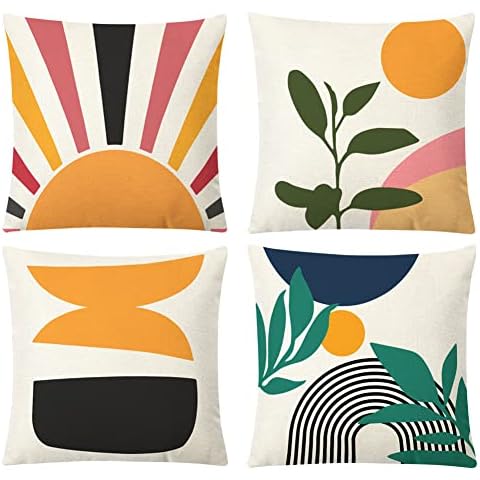 NYDECOR Boho Abstract Pillow Covers Mid Century Modern Throw Pillow Covers Geometric Leaf Sun Bohemian Pillow Cases Cotton Linen Cushion Covers for Couch Bed Sofa Bedroom 18x18 Set of 4 Cover