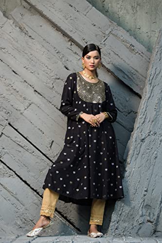Image of Juniper Women's Rayon Foil Printed Anarkali Flared Kurta
