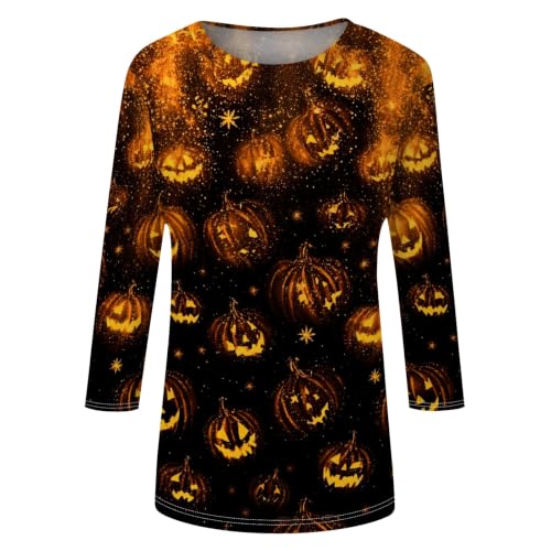 Image of Women Spooky Halloween Graphic Shirt 3 /4 Length Sleeve Crewneck Top | Halloween Funny Printed Pumpkin Plus Size Tshirts 2026 Fall Outfits Skeleton Tee Going Out Tops