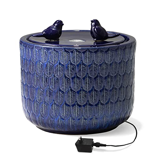 Glitzhome 14.75" H Garden Fountain With Led Lights And Pump, Cobalt Blue Two Birds Embossed Leaf Pattern Cylindrical Ceramic Floor-Standing Fountain For Porch Deck Patio Backyard And Home Art Decor #TOP4