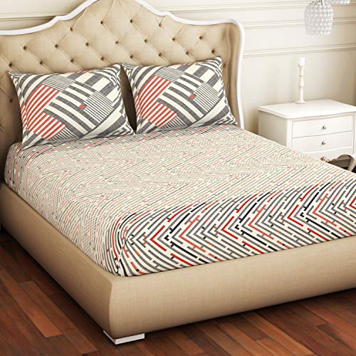 Image of Spaces Atrium 144 TC 100% Cotton King Size Fitted Double Bedsheet with 2 Pillow Covers (Geometric, 72 inch X 78 inch Inches ) - Beige (ATR-09-AW19)