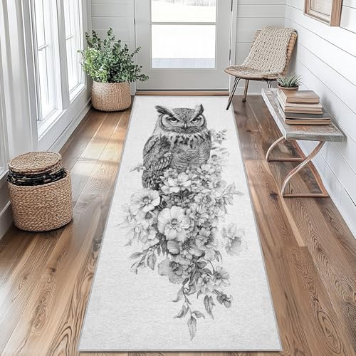 Generisch Eule Teppich Läufer Blumenmuster Teppich Läufer Flur 67 x 150 cm rutschfest Waschbar Küchenteppich Teppichläufer für Korridor Eingang Küche Schlafzimmer Teppiche nY&W377