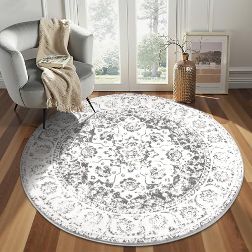 Pauwer Round Rug 4Ft, Boho Circle Rug, Washable Shag Area Rug, Mandala Rug Floor Mat Carpet, Farmhouse Distressed Non Slip Area Rug, Round Rugs for Living Room, Kitchen, Bedroom, Bathroom, Grey by Pauwer - Used condition - CA$27.08