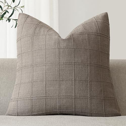 Image of Foindtower Set of 1 Decorative Linen Check Throw Pillow Cover Neutral Farmhouse Vintage Cushion Cover Modern Boho Home Decor for Sofa Chair Couch Bedroom Living Room,18x18 Inch,Tan Taupe