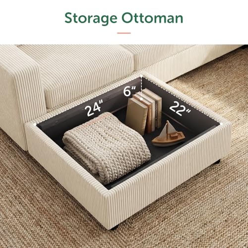 HONBAY Corduroy Sectional Couch with Storage L-Shaped Sectional Couches for Living Room 6 Seater Sectional Sofa, Beige - Image 5