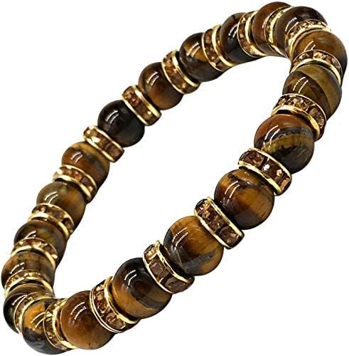 Helena Rose Ladies Bracelet For Women- Natural Tigers Eye Semi Precious Stones & Sparkling Rhinestone Golden Crystals - Woman's Spiritual Bangle With Jewellery Gift Box