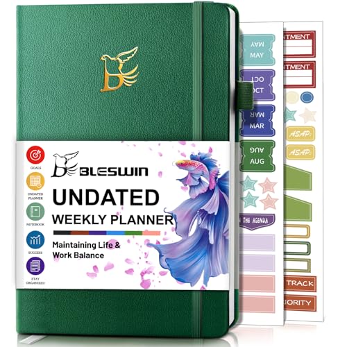 BLESWIN Diary Planner, Non-Dated Weekly Planner, A5 Diary with Monthly Planner, Organizer & Productivity Planner Journal, Green Hardcover Work Planner with Sticker Tabs, Satin Bookmark BLESWIN Diary Planner, Non-Dated Weekly Planner, A5 Diary with Monthly Planner, Organizer & Productivity Planner Journal, Green Hardcover Work Planner with Sticker Tabs, Satin Bookmark
