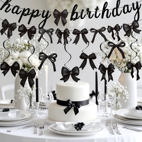 Image of Black Bow Happy Birthday Banner Garland and Hanging Swirls for Girl Black Bow Coquette Birthday Party Decorations