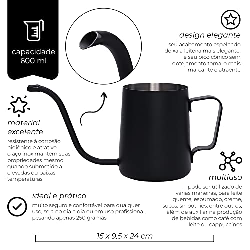 Leiteira de Aço Inox com Bico Fino Preta 600ML