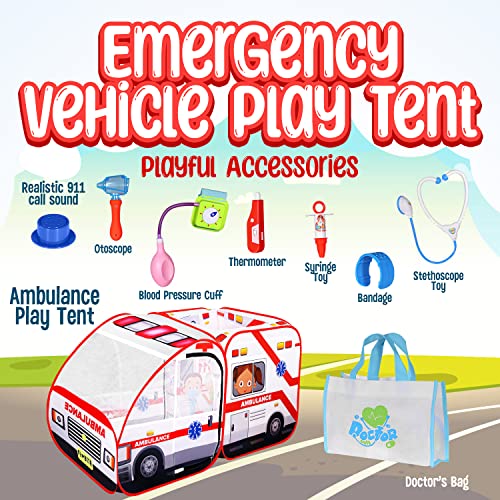 Ambulance Pop-Up Play Tent For Kids With Sounds, Doctor Kit & Ball Pit For Toddlers & Up - Easy Setup Pop Up Toy, Kids Tent For Indoor & Outdoor, Emergency Vehicle Playset, Pretend Play, Great Gift #TOP1