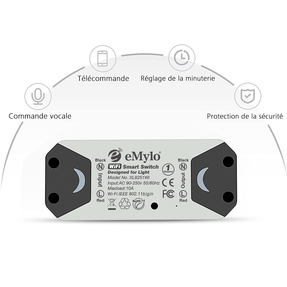 eMylo Commutateur WiFi intelligent Interrupteur d'éclairage universel Smart Home DIY Module de relais sans fil Télécommande Minuterie Commande vocale avec Alexa, Google Home Via Android IOS 1PC