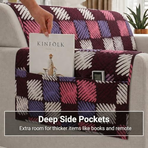 Image of STITCHNEST 'Frostvine Collection' 1 Seater Sofa Cover | Full Coverage with Armrest Pockets | Cotton Quilted Fabric, Decorative Tassels, Washable & Durable for Modern Living