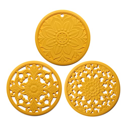 鍋敷き シリコン 耐熱鍋敷き 断熱パッド 3セット 20 x 20 x 0.55CM コースター保護 お鍋シート 台所シート 鍋つかみ 滑り止め 防水 厚手 オーブンマット(黄色)