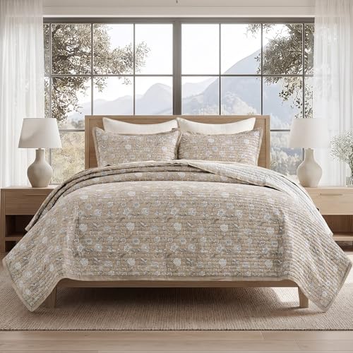 EverGrace 100% Cotton Floral Quilt Set King Size Sandstone Beige 10896