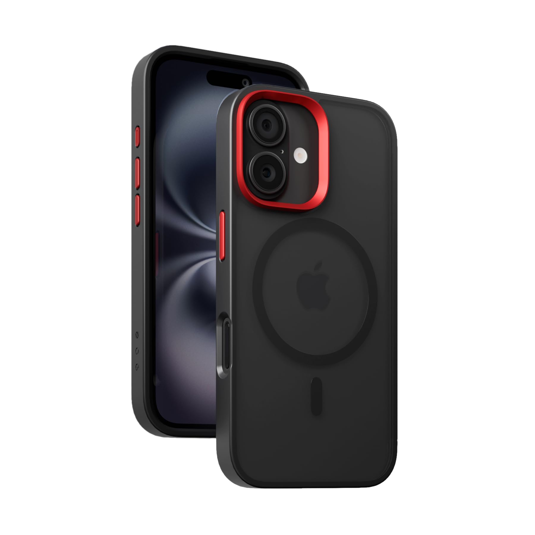 SLG Veyron Phone Case for iPhone 16 - Magnetic [Compatible with MagSafe], Matte Black TPU Frame, 70% Translucent PC Back, Red Aluminum Bezel & Buttons