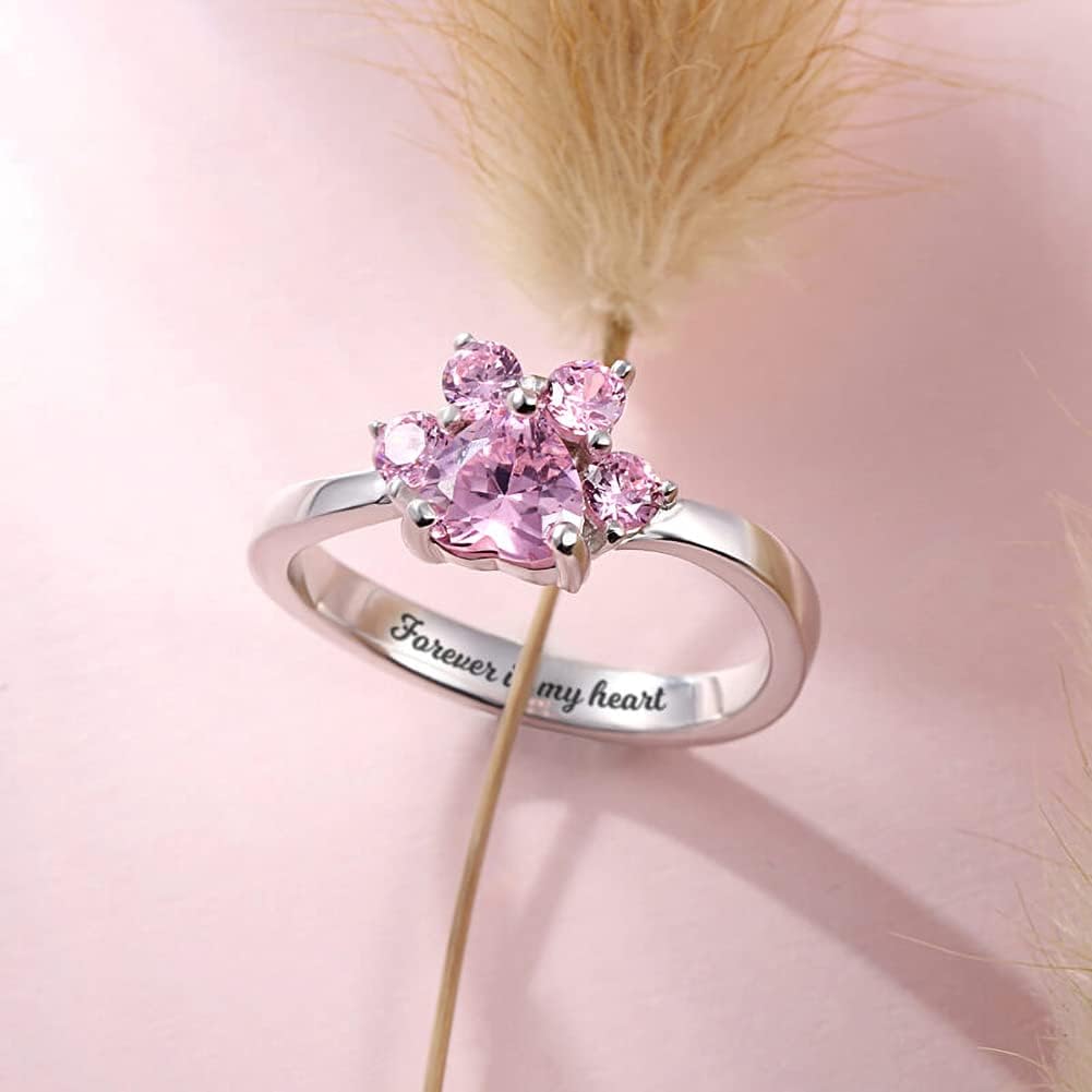 Getname Necklace Paw Ring 925 Sterling Silver Custom Crystal Ring Gift for Her - Personalized Engraved Crystal Dog Paw Ring Jewelry Gift for Women