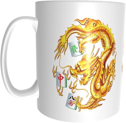 Pandok White Ceramic Mug - Mythology - Dragon : Golden Yellow Dragon With Mahjong Tiles - Single Mug