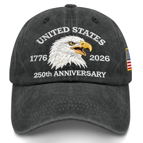 250th Anniversary Patriotic Eagle and Flag Hat - 1776-2026 Americas Freedom, 4th of July, Independence Day, Veteran, American Pride Cap, US Flag Eagle Embroidery Black