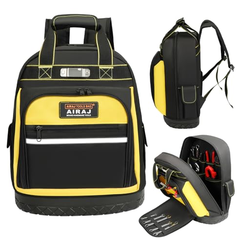 AIRAJ Heavy Duty Tool Backpack,17 Inch Tool Bag Backpack with Waterproof Molded Hard Base,Durable Tool Bag with Reinforced Stitching,Waist-Support,Work backpack for Industrial,Electrician,Construction