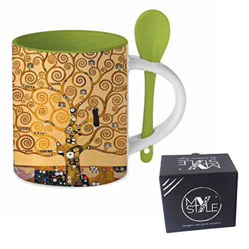 My Custom Style Taza Verde+cucharadita#Arte-Árbol de la Vida Klimt#325ml