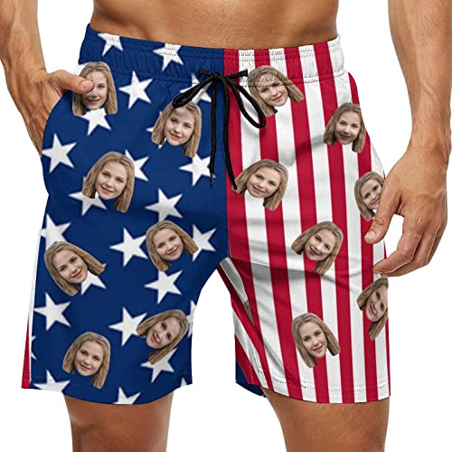 Gifts Personalized for Men Custom Swim Trunks with Faces Tropical Leaves Blue Customized Swim Shorts