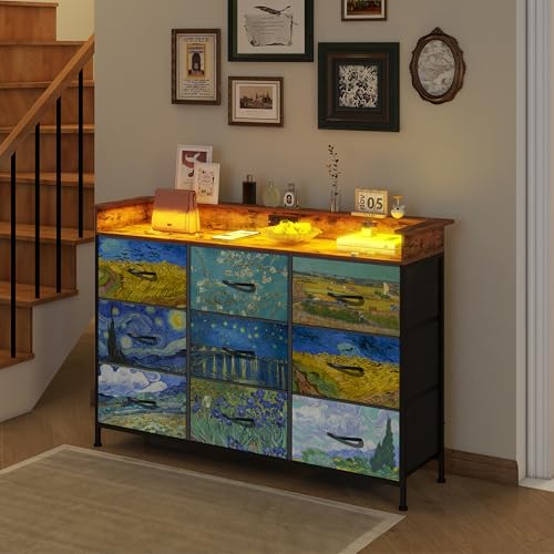 Image of EXOTICA Welfuturer Dresser for Bedroom Van Gogh Dressers with 9 Drawers Chest of Drawers Fabric Clothes Drawer Fabric Closet Organizer for Living Room Entryway Nursery Sturdy Steel Frame Wood Top