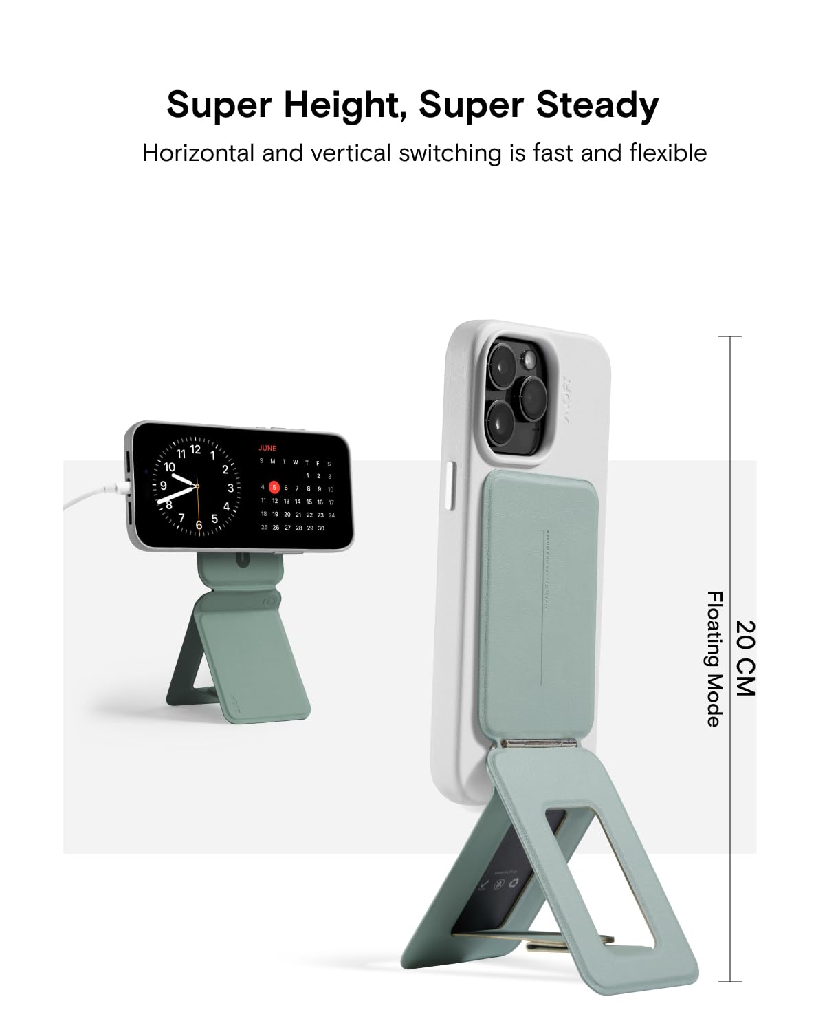 MOFT Treppiede Smartphone per iPhone Serie 16/15/14/13, Universale Invisibile Treppiede Supporto per Telefono con 3 Modalità per Self-Vlogging, Sfogliare, Macrofotografia, Videochiamata, Verde Lago