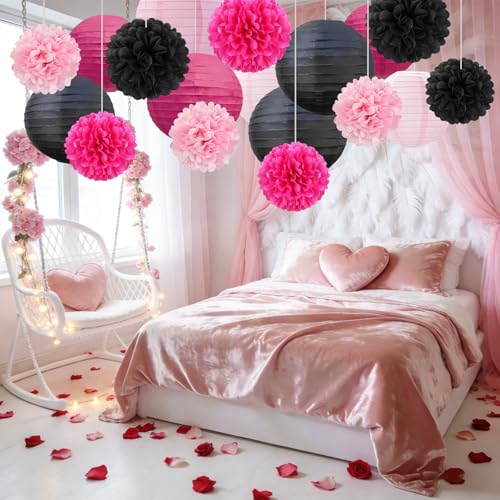 Image of 18 PCS Black Pink Paper Lanterns & Tissue Paper Pom Poms for Girls Birthday, Baby Shower, Wedding, Bridal Shower, Hanging Paper Decor for Indoor Outdoor Events Party Supplies