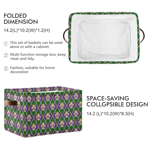 Image of Happy Mardi Gras Green Purple Storage Basket with Waterproof Liner and PU Handles Fleur de Lis Buffalo Plaid Storage Bins Boxes 14.2 inch Collapsible Decorative Organizer Baskets for Bedroom Office 2 Pack