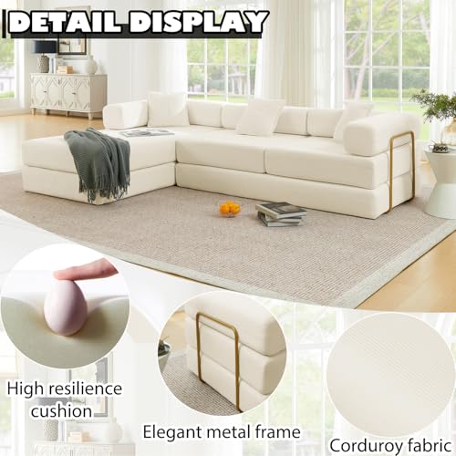 Image of HANXIN 108 inch Modular Sectional Sofa, Futon Convertible Sofa Bed,Oversized Corduroy Boneless Couch for Living Room,Floor Loveseat Sleeper with Pull Out Bed,Free Combination,No Assembly Required (Beige)