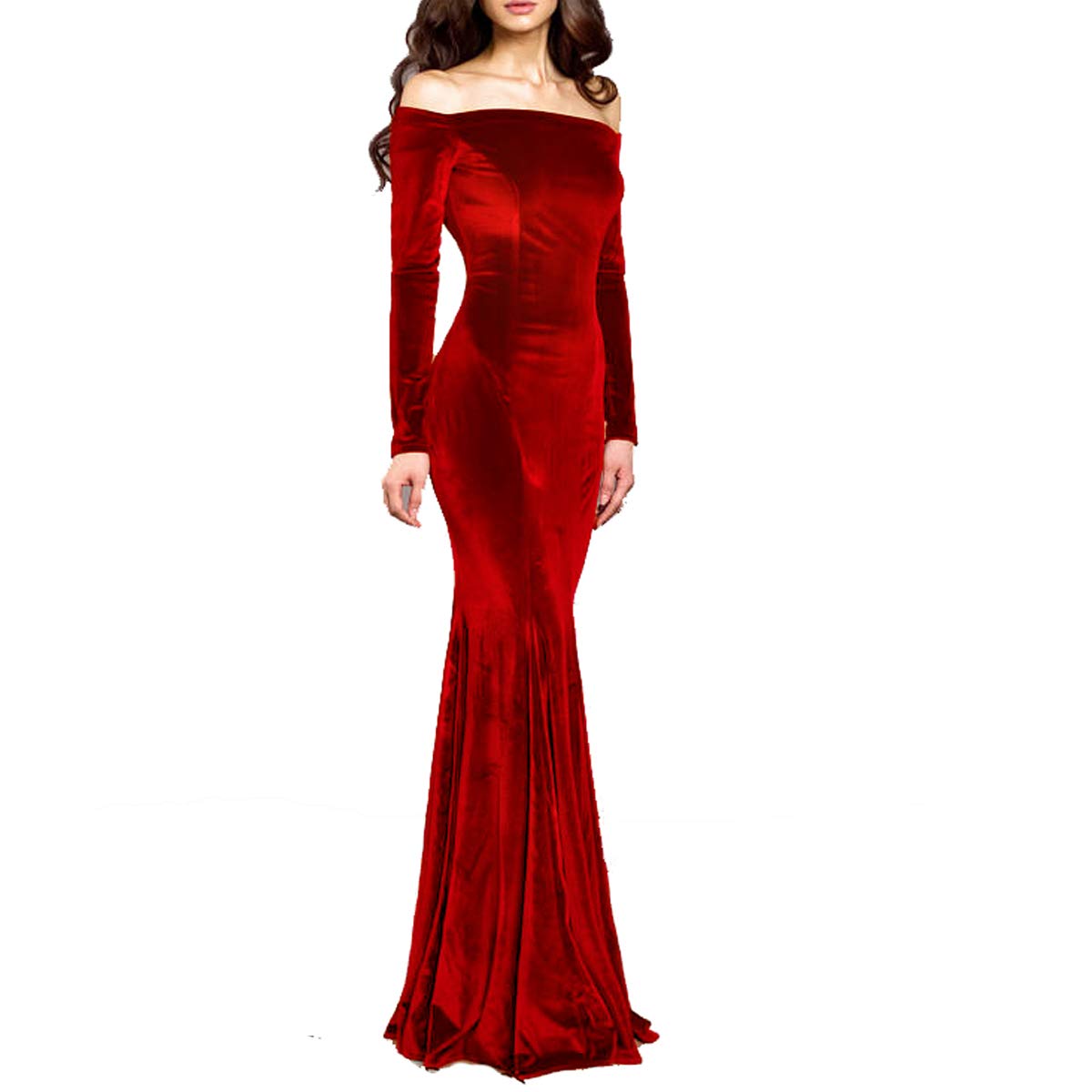 TTYbridalOff The Shoulder Velvet Mermaid Evening Gown Long Prom Party Dresses with Two Sleeves