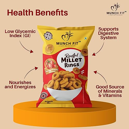 Image of Munch Fit Healthy Roasted Combo of 6 Varieties of Millet Snacks | Magic Masala, Tangy Tomato, Peri Peri, Cream Onion, Chilli Garlic & Pani Puri | Tasty, Low GI, Protein Rich Pack of 1x100g each