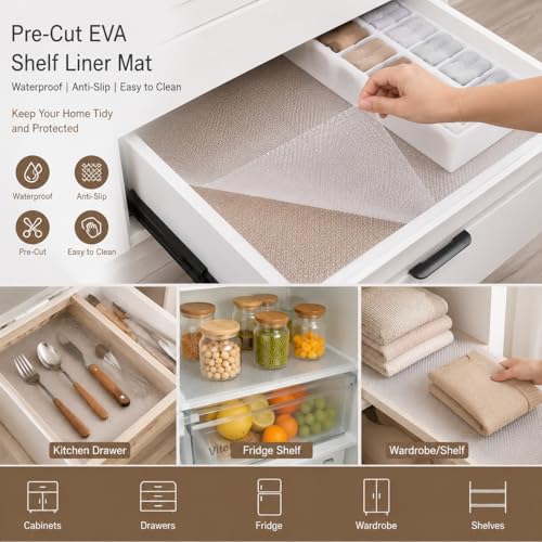 Image of DecorTwist Pre-Cut EVA Shelf Liner Mat Set of 4 (50x30 cm) Waterproof Anti-Slip Cabinet Drawer Mat for Kitchen, Fridge & Wardrobe | BPA Free Washable Reusable White