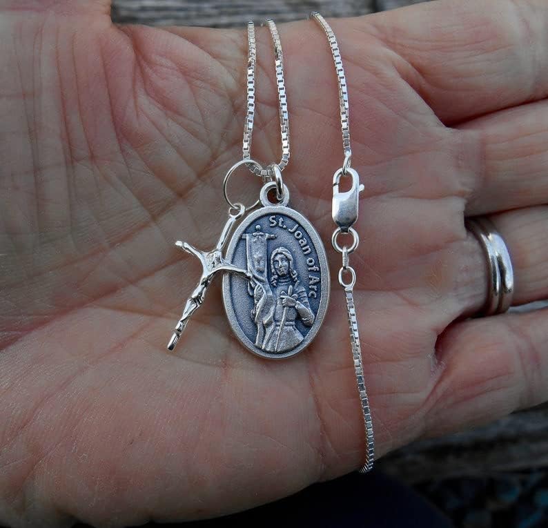 Saint Joan of Arc Necklace, Sterling Silver Cross Charm, 18" Sterling Silver Box Chain, Alloy Saint medal, Patron Saint Jewelry - Image 2
