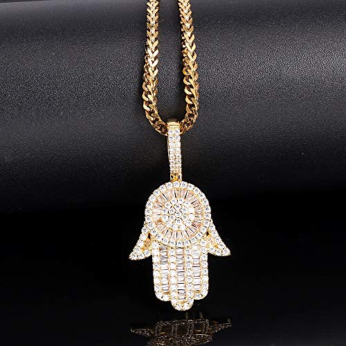 Gold Idea Jewelry Mens Womens Hot Hip Hop 14K Gold Plated Micro Iced Out Hamsa Hands Pendant With 28" Franco Chain Necklaces (14K-Gold-Plated) #TOP3