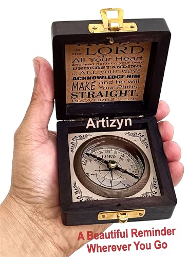 Brújula religiosa en caja de madera con cita bíblica miniatura 6