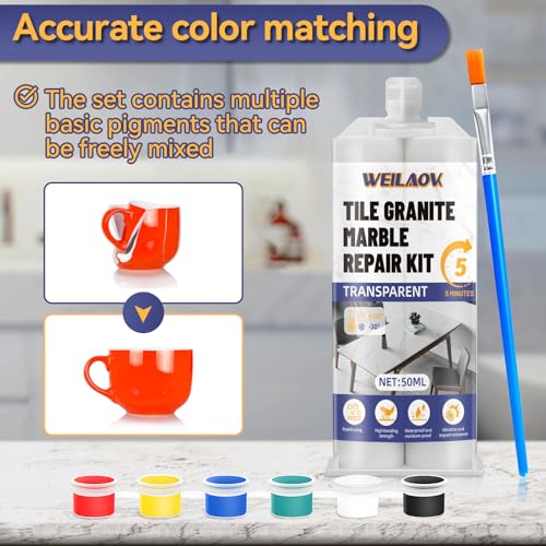 WEILAOK Marmor Reparaturset, Fliesen Reparaturset, Keramik Reparaturset Waschbecken für Marmor, Granit, Fliesenreparatur, Reparatur von Rissen, Kratzern, Löchern, 6 Farben Farbe und Pinsel, 50 ml