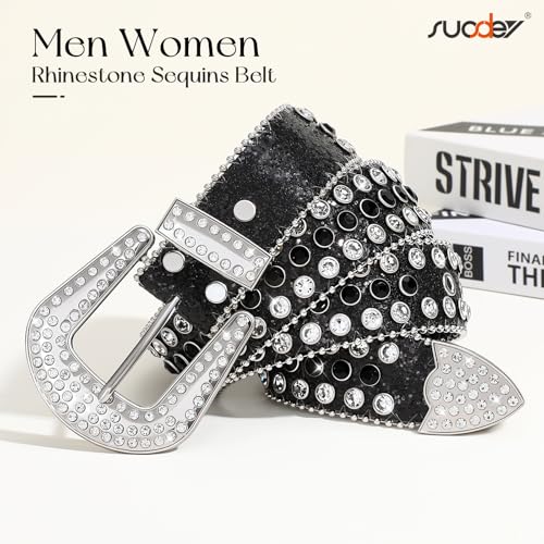 Image of Women Fashion Rhinestone Belt SUOSDEY Western Cowgirl Bling Studded Design Leather Diamond Belt for Jeans Dress, 05-black(silver Buckle), S：fits pants size 28''-32''