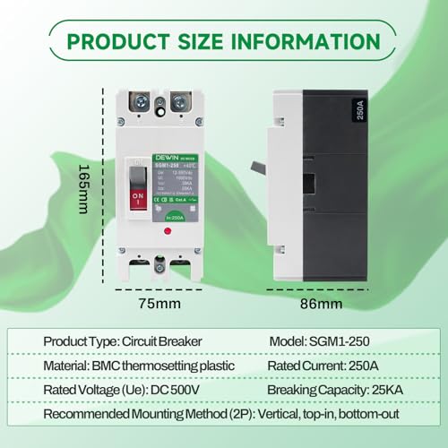 DEWIN DC Leitungsschutzschalter 250A, DC-Leistungsschalter MCCB Gehäuse Solar Batterie Hauptschalter Batterie Trennschalter 2P 250A 500V