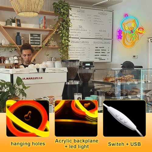 Image of Astronaut Cat Boba Tea Neon Sign LED Neon Light Wall Decor for Kids Room | Cute kitty bubble tea light up sign for bedrooms, boba shops, Cafes & dessert stores, space theme wall decor,USB powered
