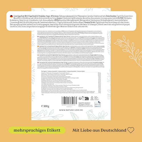 NATURE LOVE® Green Superfood - 300g - 15 Superfoods und 2 Vitalpilze - u.a. mit Gerstengras, Spirulina & Moringa - Greens Pulver ohne Aromen, Süßstoffe oder zugesetzten Zucker - vegan & laborgeprüft