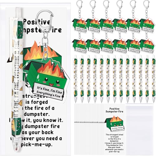 Sayglossy 25 Set Employee Appreciation Coworker Gift Dumpster Fire Funny Ballpoint Pen Acrylic Keychain Bookmark Emotional Gift Bulk for Back to School Teacher Student Staff Team Volunteer Office