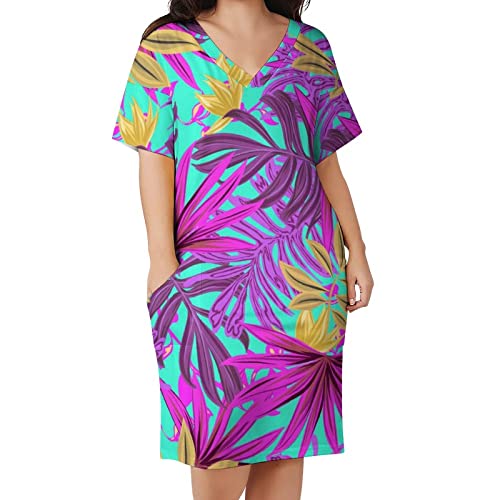 ASDFSD Robes D'été Femmes 2022 Col V Manches Courtes Robe Droite Robe Mi-Longue Tropical-Greens M Cover