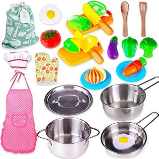 Kitchen Playset Accessories Toys - Stainless Steel Cookware Pots and Pans Set, Cooking