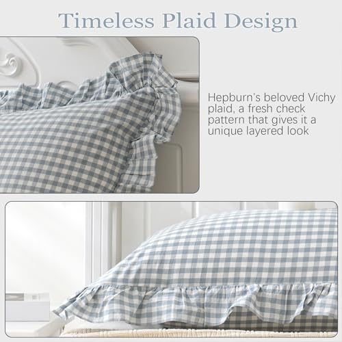 Blue White Plaid Ruffled Body Pillow Sham Washed Cotton Shabby Checkered Gingham Pillow Cover 20"x54"