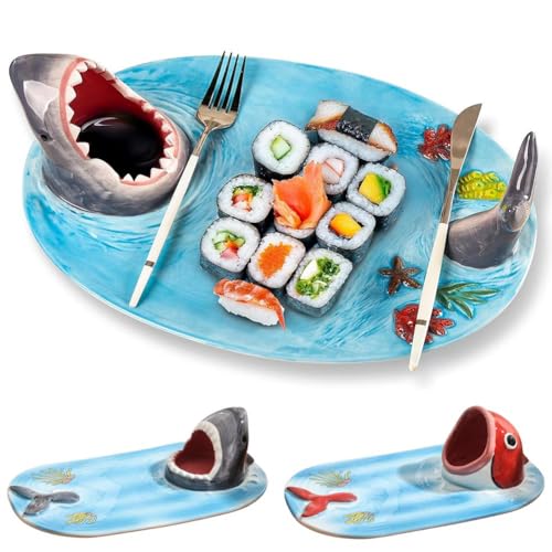 Assiettes à sushis en céramique bleue faites à la main avec bol à sauce japonaise, mignonnes et peintes à la main, pour micro-ondes, four, lave-vaisselle