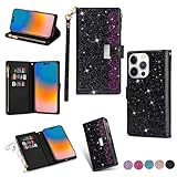 iPhone 15 Pro用ジェネリックケース(カラー:ローズゴールド)グリッターレザージッパーポケットウォレットフリップバックケース